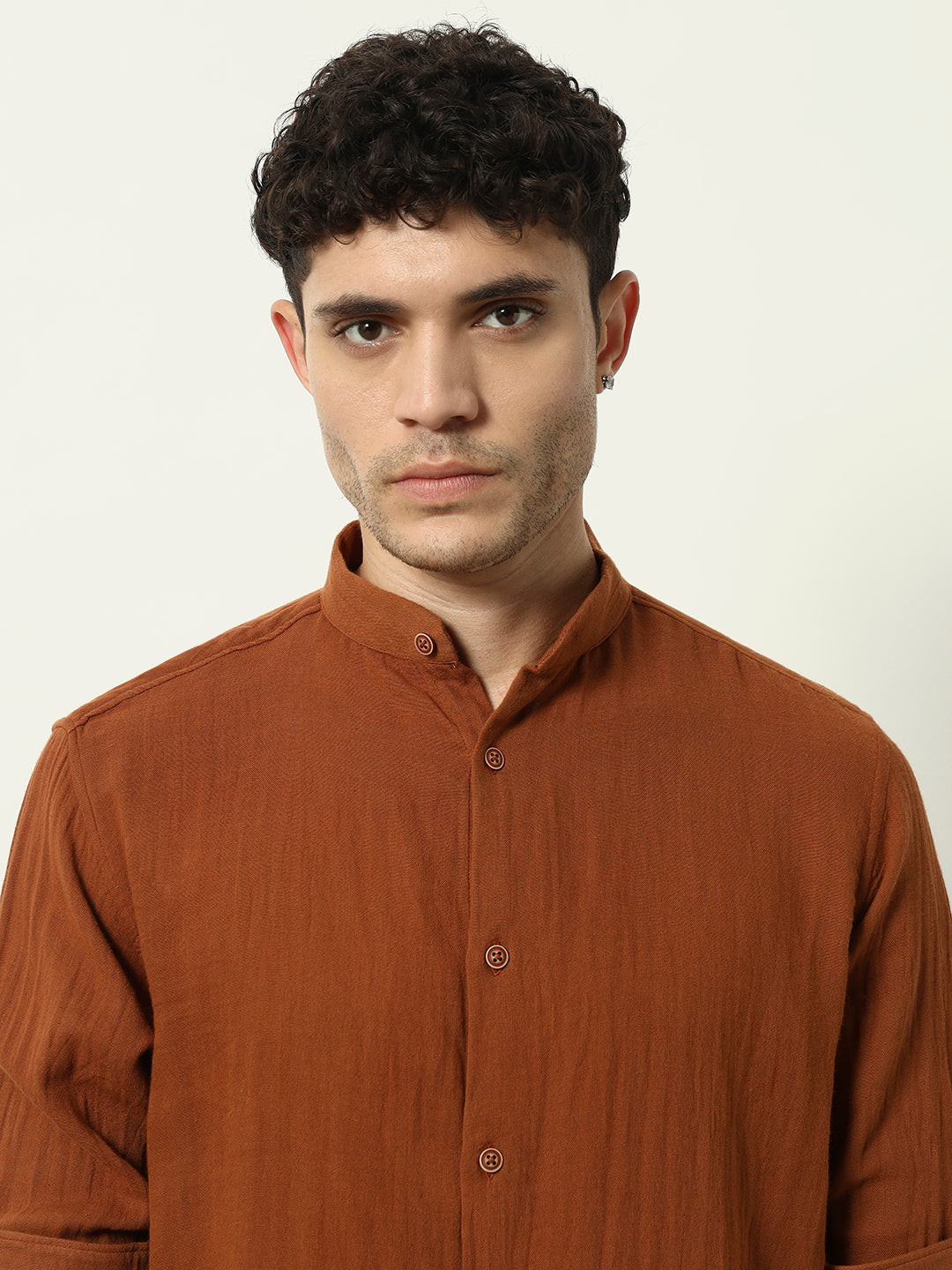 Rust Mandarin Collar Casual Shirt for Men