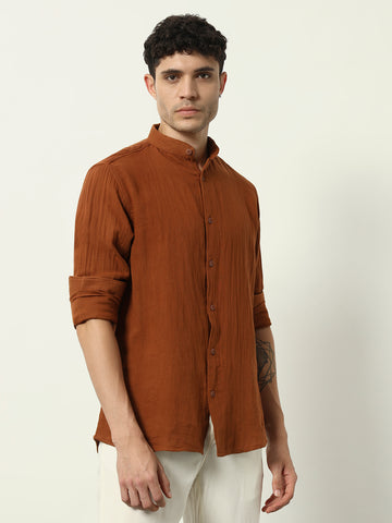 Rust Mandarin Collar Casual Shirt for Men