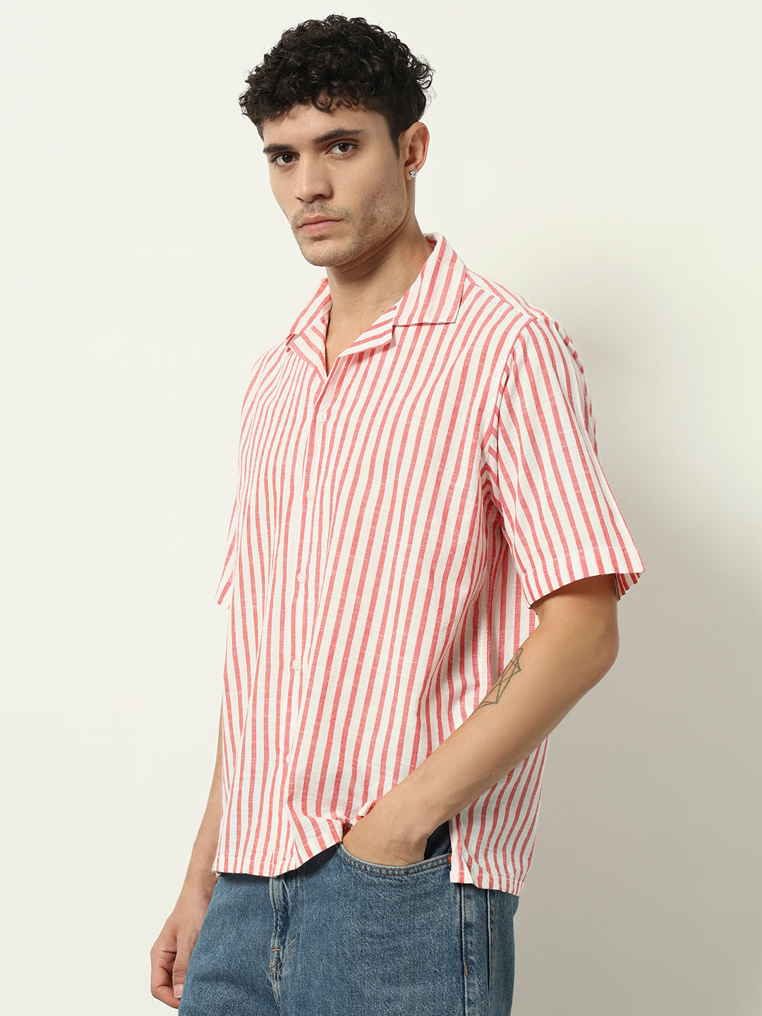 Coral Coast: Breezy Vertical Stripe Shirt in White & Red”