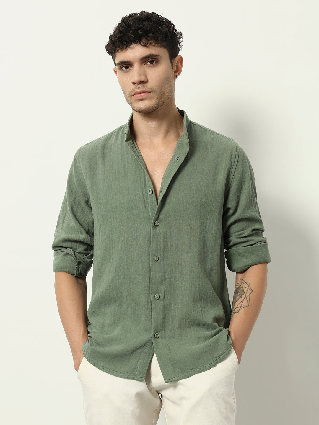 "Moss Aura: Soft Touch Casual Shirt in Olive Green"