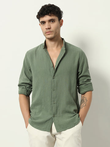 "Moss Aura: Soft Touch Casual Shirt in Olive Green"