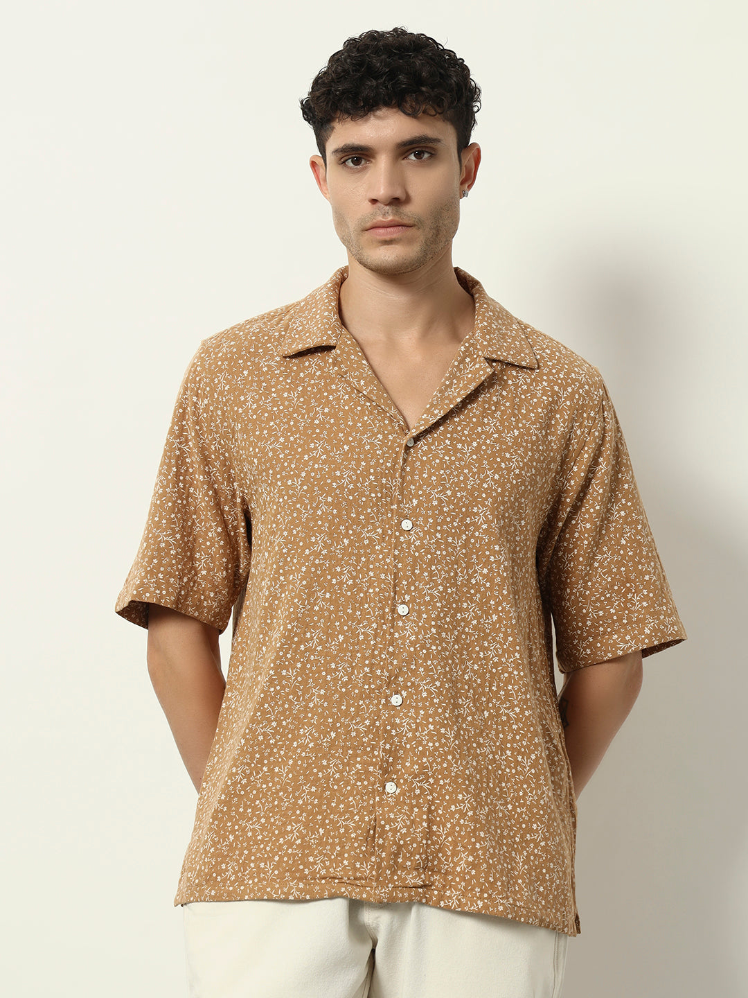 Terracotta Garden: Relaxed Fit Summer Shirt with Micro Floral Print