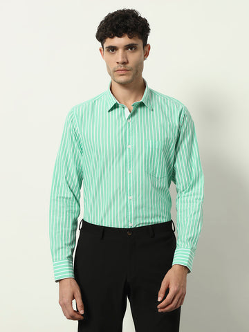Green & White Vertical Striped Long Sleeve Shirt for Men