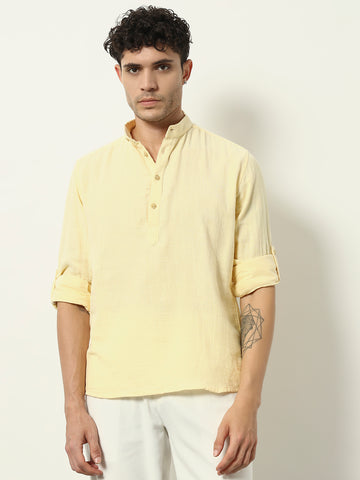 Golden Dusk: Contemporary Mandarin-Collar Shirt in Soft Yellow