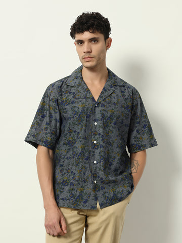 Indigo Bloom: Modern Floral Cuban-Collar Shirt