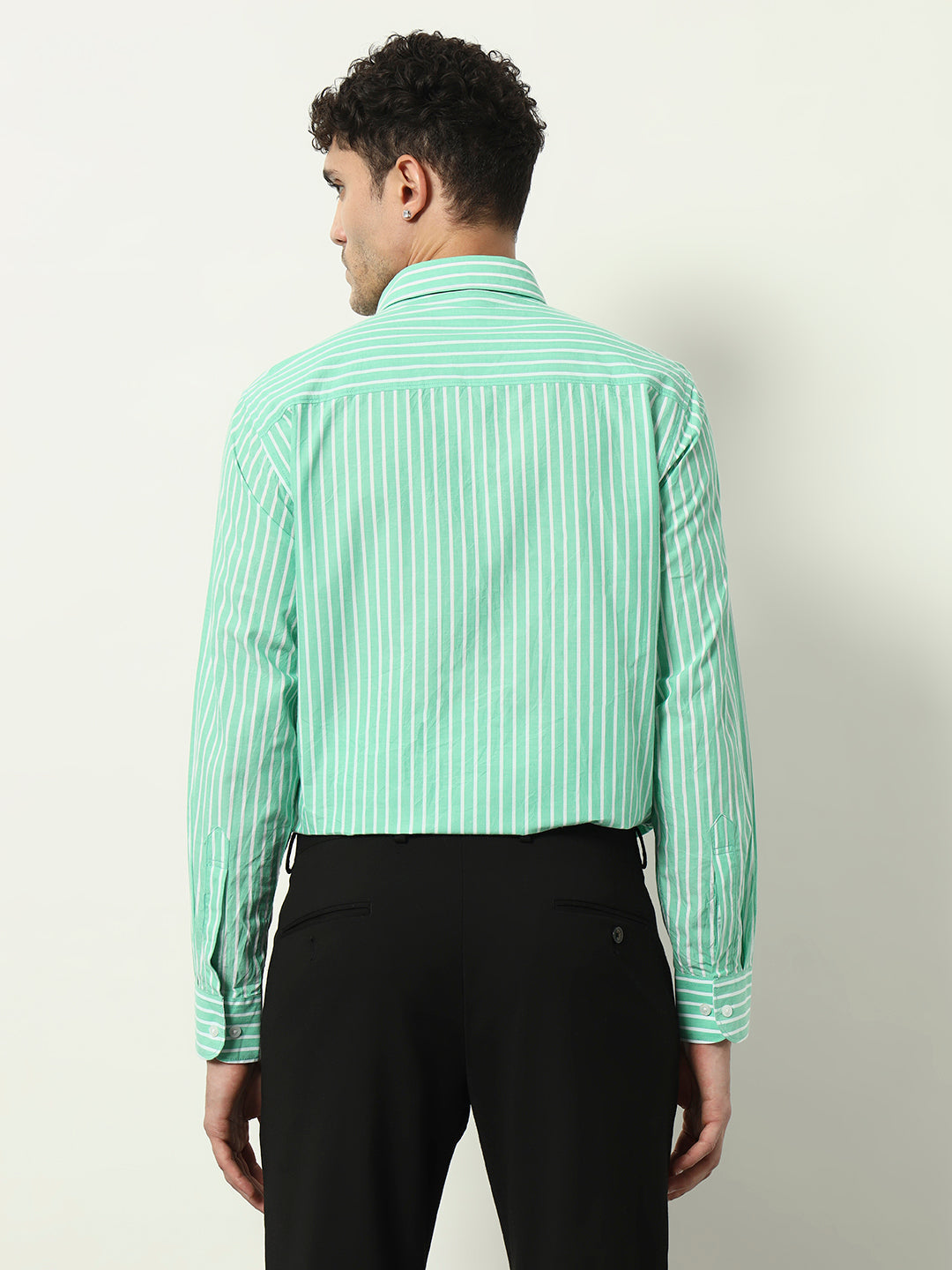 Green & White Vertical Striped Long Sleeve Shirt for Men