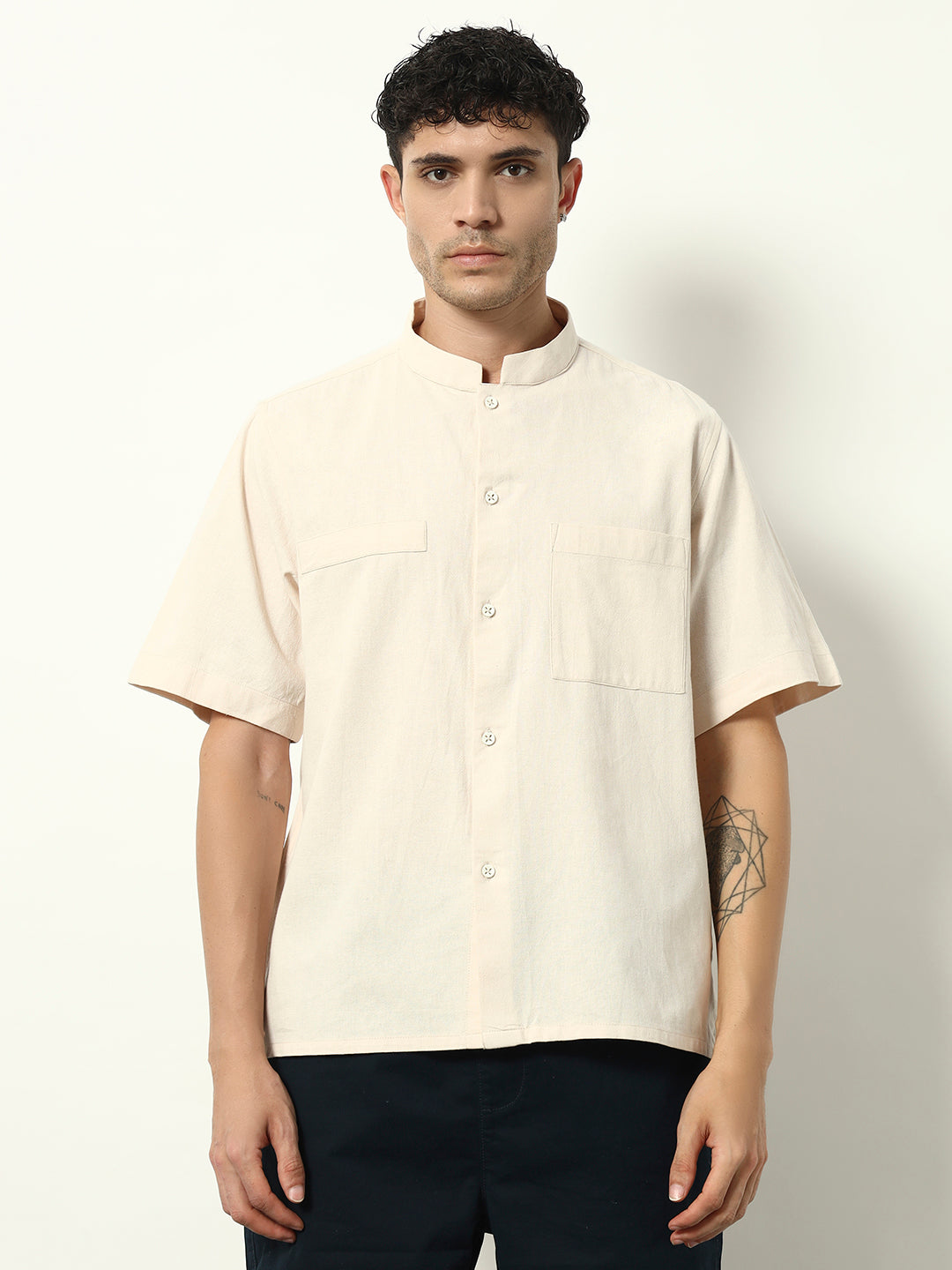 Sandshell Luxe: Elevated Mandarin Collar Shirt