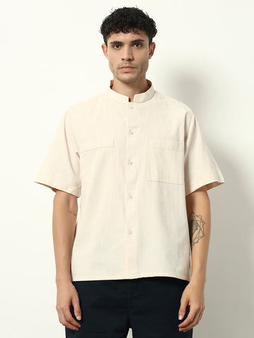 Sandshell Luxe: Elevated Mandarin Collar Shirt
