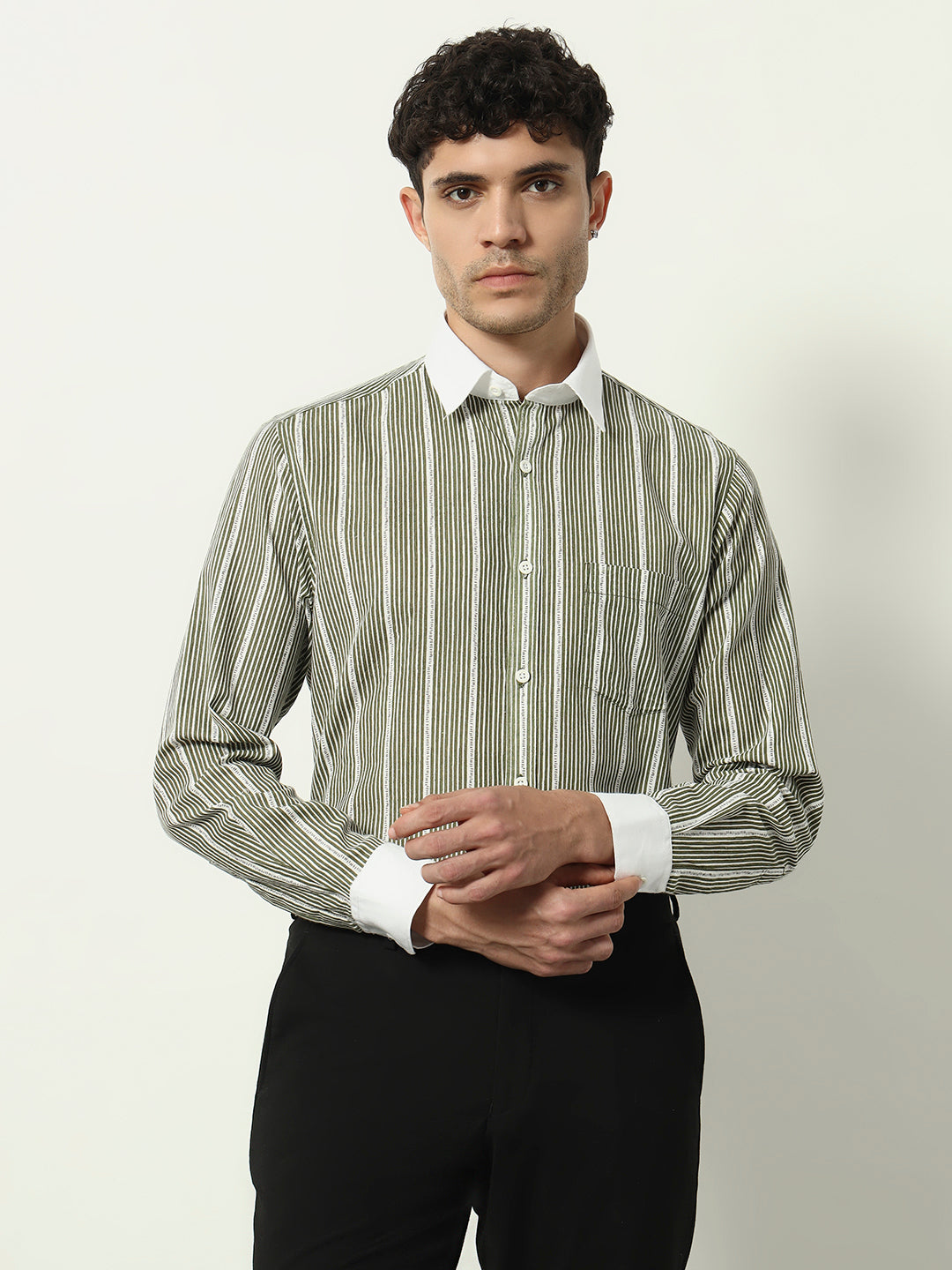 Striped Long Sleeve Shirt with White Collar & Cuffs