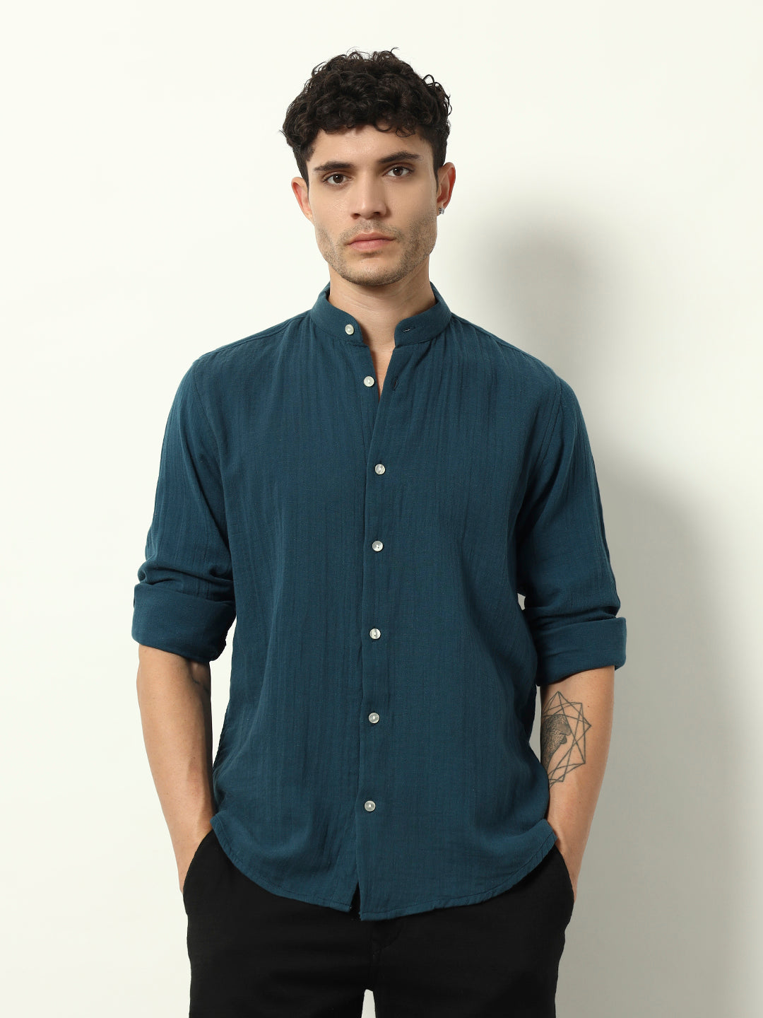 Teal Mode: Contemporary Collarless Shirt