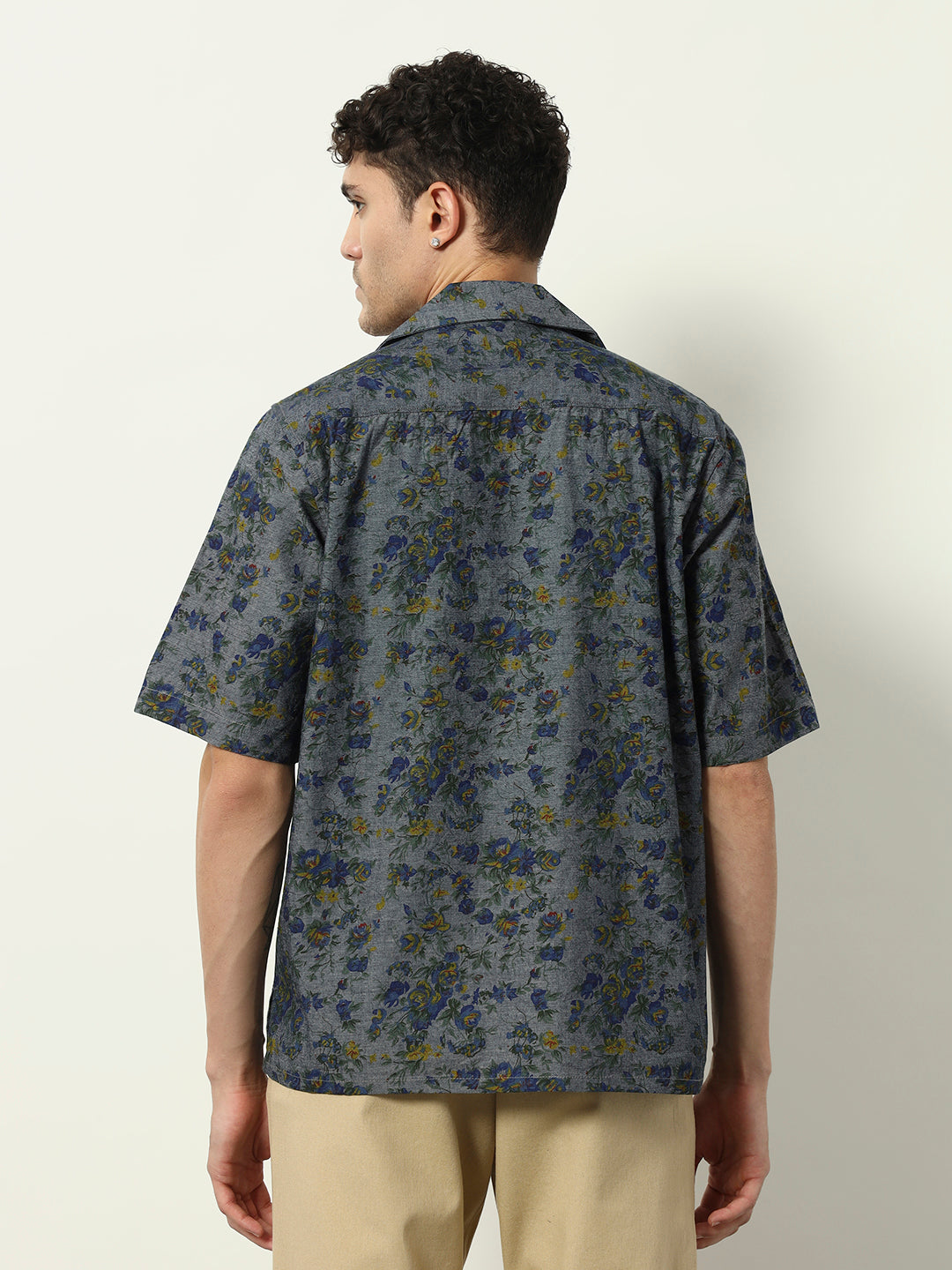 Indigo Bloom: Modern Floral Cuban-Collar Shirt