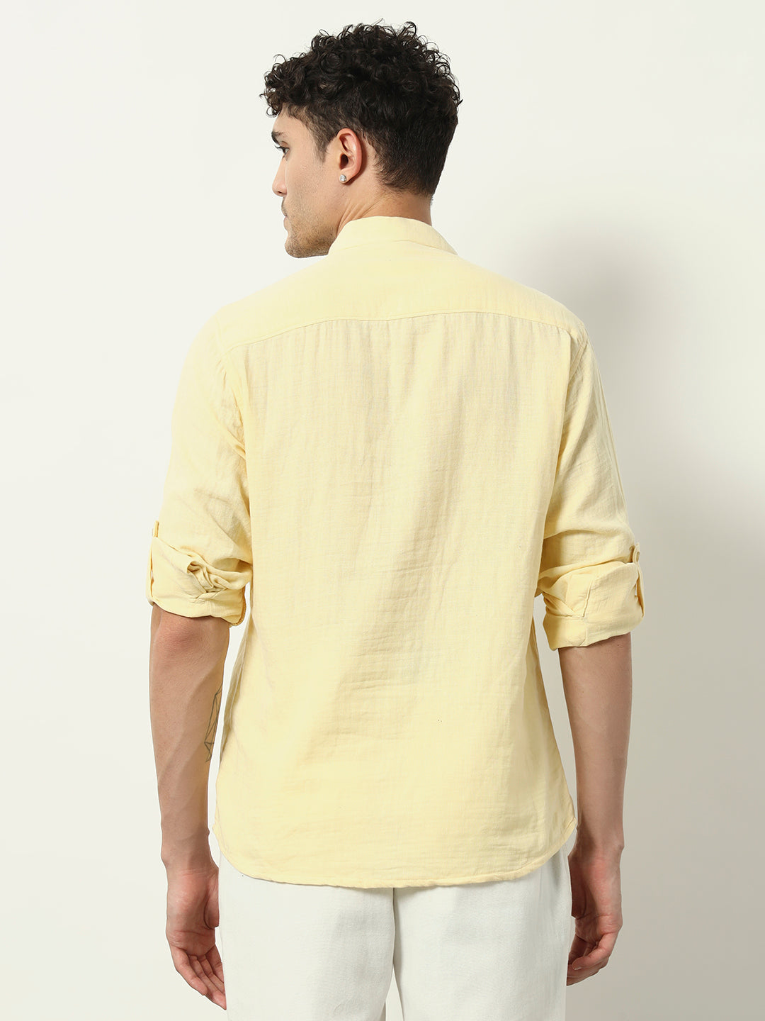 Golden Dusk: Contemporary Mandarin-Collar Shirt in Soft Yellow